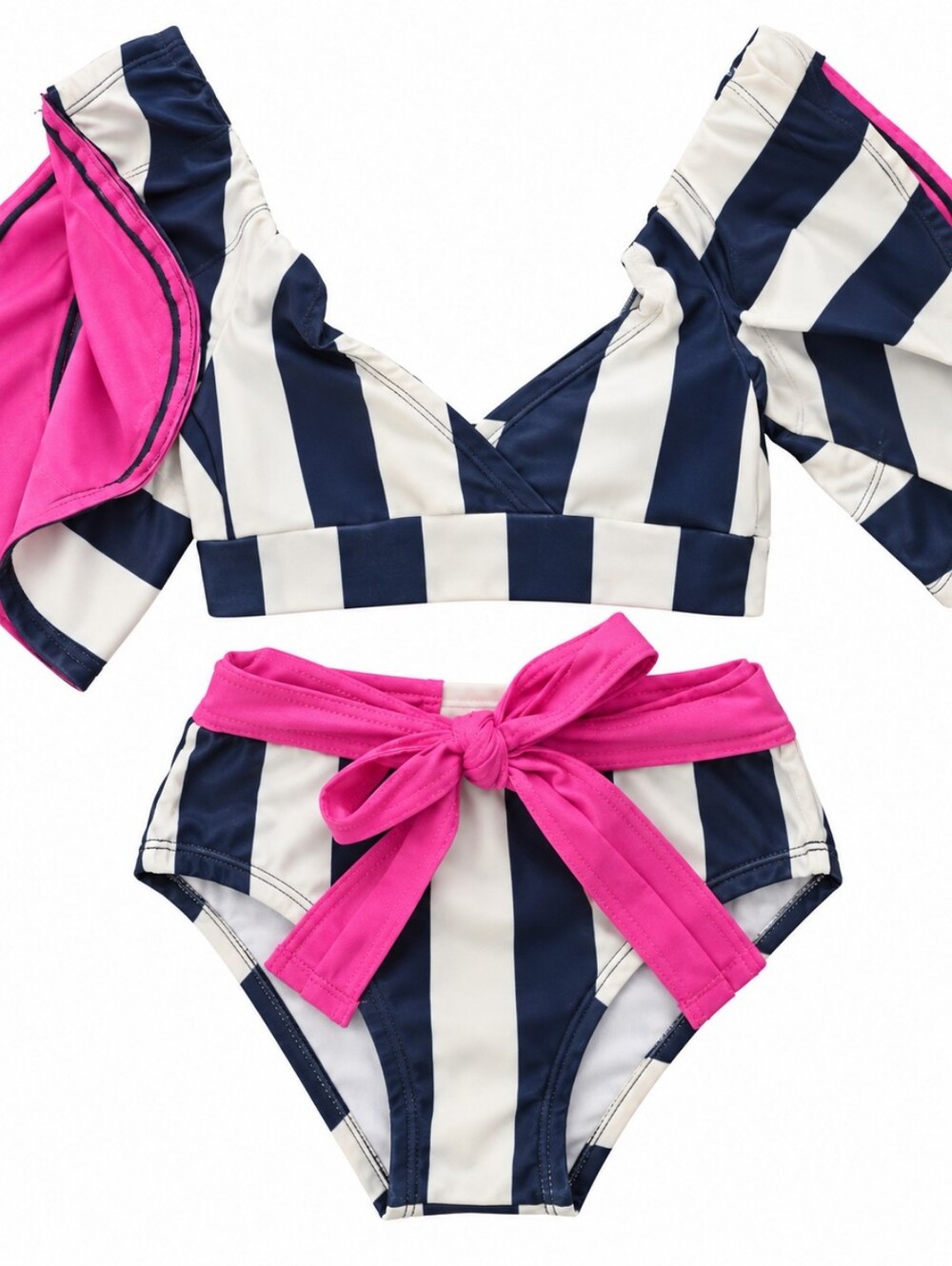 Kids Navy & White Stripe 2 Piece Bathing Suit Set with Pink Accents